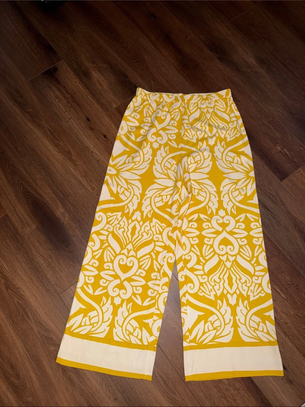 Medium Yellow & White Linen Blend Printed Wide-Leg Pull-On Pants